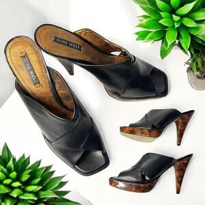 Nine West Black Leather Platform Mules Tortoise Shell Block Heel Size 10.5M
